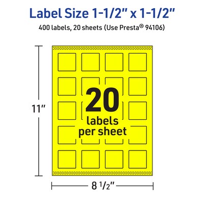 Avery Laser/Inkjet Multipurpose Square Labels, 1.5" x 1.5", Neon Yellow, 400/Pack (94106)