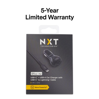 NXT Technologies™ USB-C/USB-A Car Charger with Lightning Cable for iPhone/iPad, Black (NX60453)