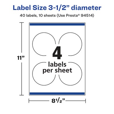 Avery Laser/Inkjet Round Multipurpose Labels, White, 4 Labels/Sheet, 10 Sheets/Pack (94514-WGP10)
