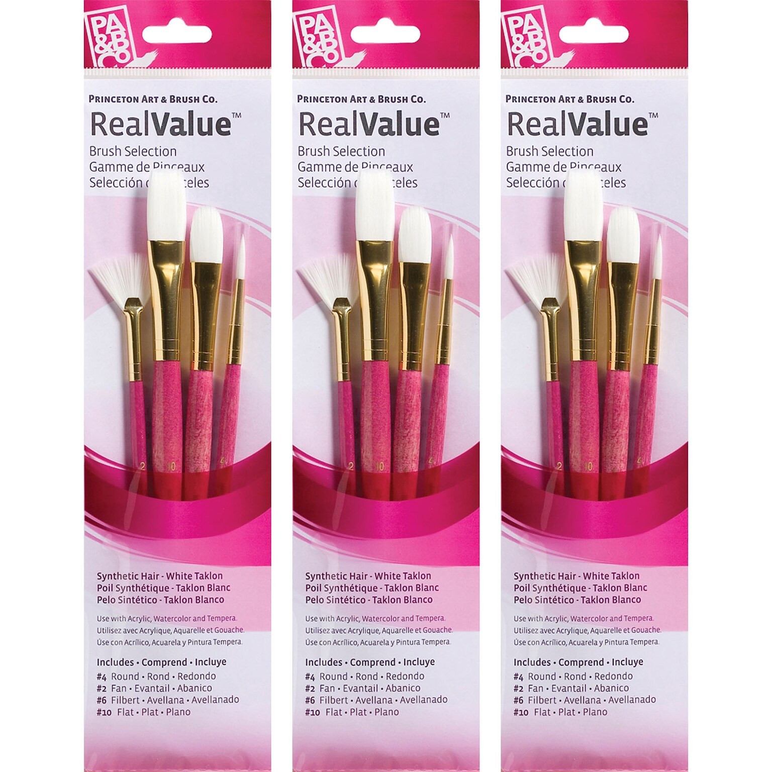 Princeton RealValue Mixed Media Synthetic Taklon Variety Brush Set, Assorted, Pink, 4/Set, 3 Sets/Bundle (PBXPR9182-3)