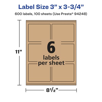 Avery Laser/Inkjet Rectangle Multipurpose Labels, 3" x 3.75", Kraft Brown, 600 Labels/Box ( 94248)