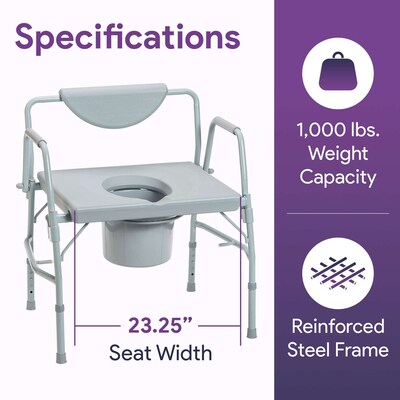 ProHeal Bariatric 3-in-1 Drop Arm Commode Chair, Steel Frame with Adjustable Height & Removable Seat, Gray (PH-16413H)