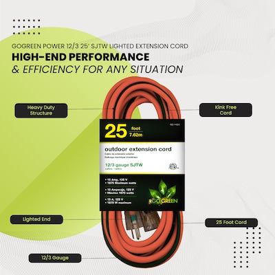 GoGreen Power 25' Indoor/Outdoor Extension Cord, 12 AWG, Orange (GG-14025)