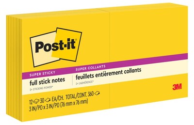 Post-it® Super Sticky Full Adhesive Notes, 3 x 3, Yellow, 25 Sheets/Pad, 12 Pads/Pack (F330-12SSY)