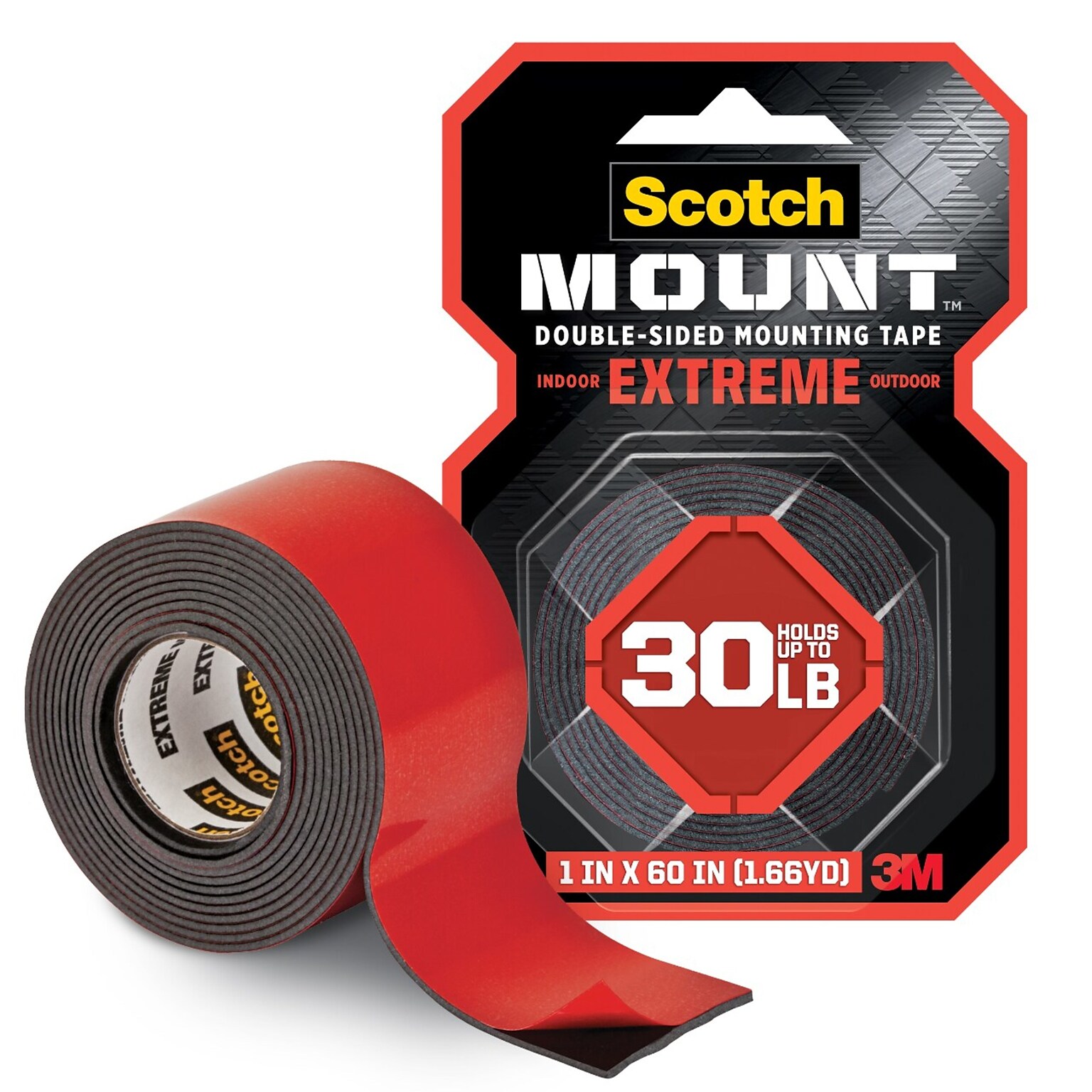 Scotch-Mount Extreme Double-Sided Mounting Tape, 1 x 60, 1 Roll, Black (414P)