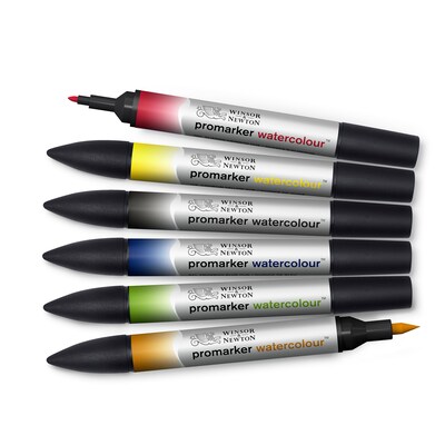 Winsor & Newton Promarker Dual-Tip Watercolor Alcohol Based Marker, Basic Tones, 6/Pack (WNX0290164)