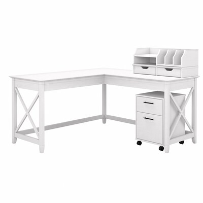 Bush Furniture Key West 60W L-Shaped Desk with Mobile File Cabinet and Desktop Organizer, Pure White Oak (KWS022WT)