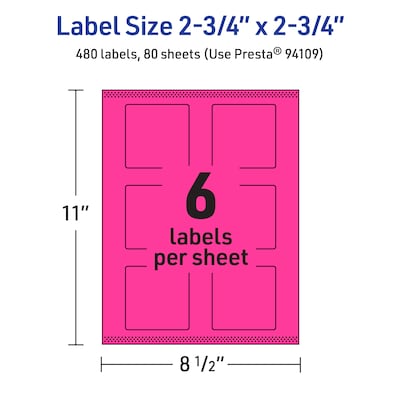 Avery Square Laser/Inkjet Multipurpose Labels, 2.75" x 2.75", Neon Magenta (480/Box)