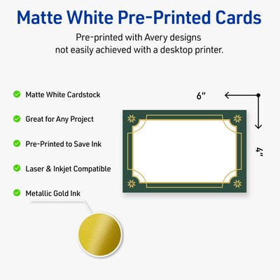 Avery Gold-Green Border Matte Blank Card, White, 20/Pack (S00-FDN)