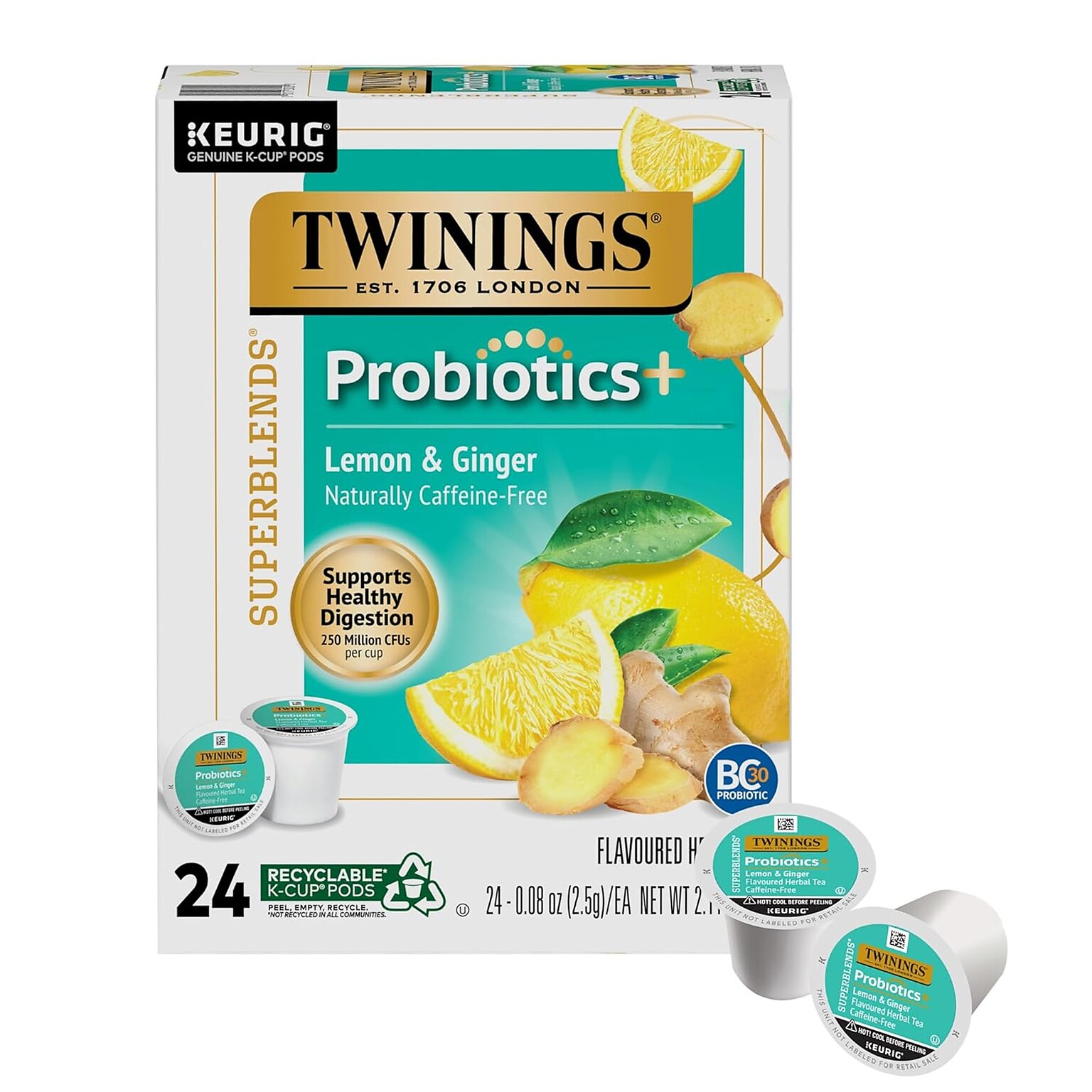 Twinings Probiotics+ Herbal Lemon & Ginger Tea, Keurig® K-Cup® Pods, 24/Box (F16930)