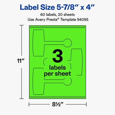 Avery Laser/Inkjet Multipurpose Labels, 5-7/8" x 4", Neon Green, 60 Labels/Pack (19479370805)