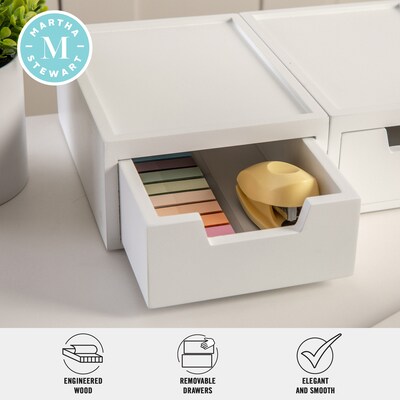 Martha Stewart Weston Wood Stackable Engineered Office Desktop Organizer with Drawers, White, 2/Set (LYE22081152WH)