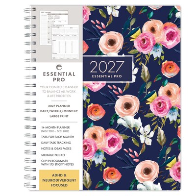 2027 Excello Brands Essential Pro Planner 8.5 x 11 Calendar Year Weekly & Monthly, Hardcover, Small Navy Floral
