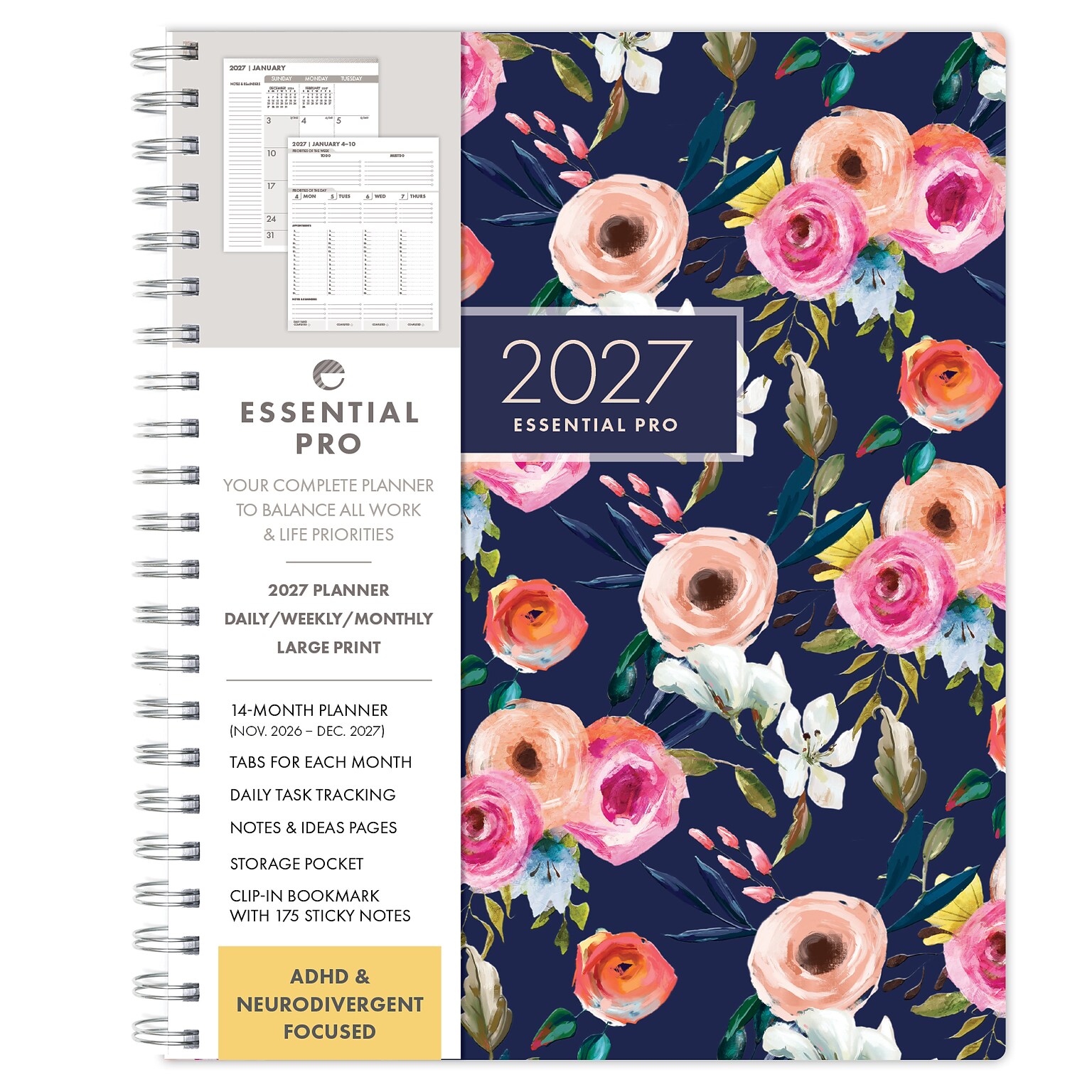 2027 Excello Brands Essential Pro Planner 8.5 x 11 Calendar Year Weekly & Monthly, Hardcover, Small Navy Floral