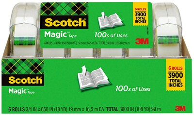 Scotch Magic Tape with Dispenser, Invisible, 3/4 in x 650 in, 6 Tape Rolls, Clear, Home Office and Back to School Supplies