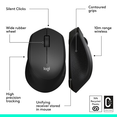Logitech M330 Silent Plus Wireless Optical USB Mouse, Black (910-004905)