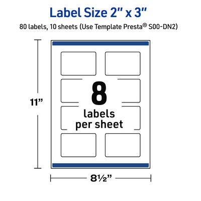 Avery Laser/Inkjet Rectangle Multipurpose Labels, 2" x 3", White, 80/Pack (S00DN2)