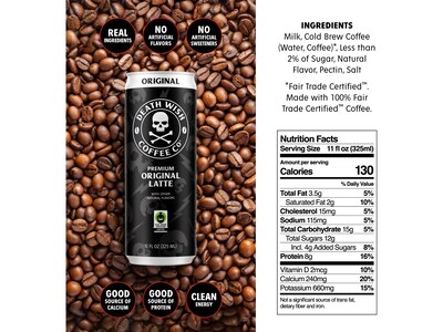 Death Wish Coffee Co. Original Latte Cold Brew Coffee Can, Medium Roast, 11 fl. oz., 12/Carton (LRLATE12)