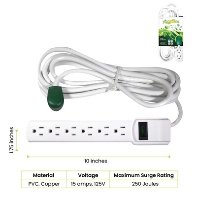GoGreen Power 6 Outlet Surge Protector, 12 cord, White (GG-16103M-12)