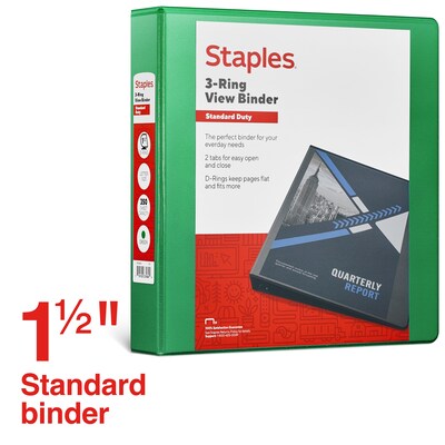 Staples® Standard 1.5" 3 Ring View Binder with D-Rings, Green (58652)