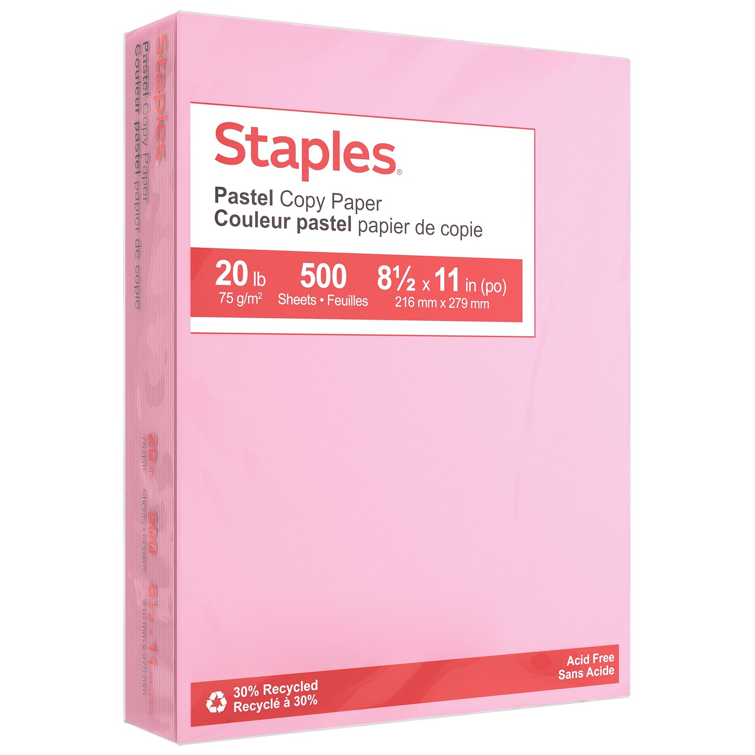 Staples Pastel 30% Recycled Color Copy Paper, 20 lbs., 8.5 x 11, Pink, 500/Ream (14779)
