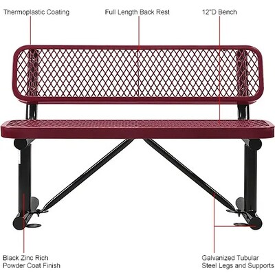 Global Industrial 4' Outdoor Steel Bench w/ Backrest, Expanded Metal, Red (695743RD)
