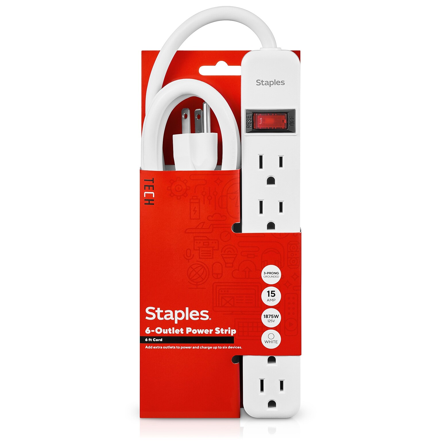 Staples TECH 6-Outlet Power Strip, 6 Cord, White (17651)