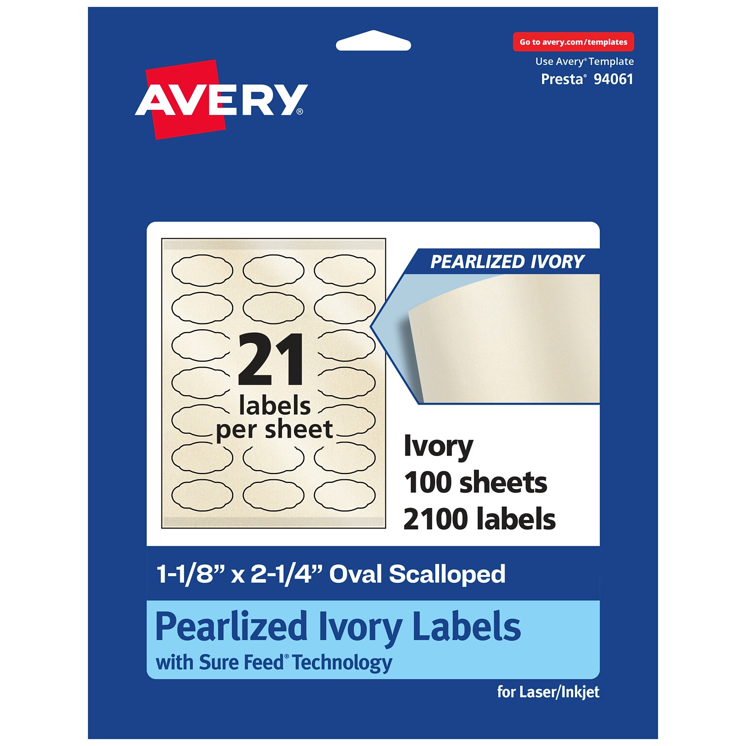 Avery Pearlized Ivory Decorative Edge Multipurpose Labels, 1-1/8 x 2-1/4, Ivory, 2100/Box (94061)