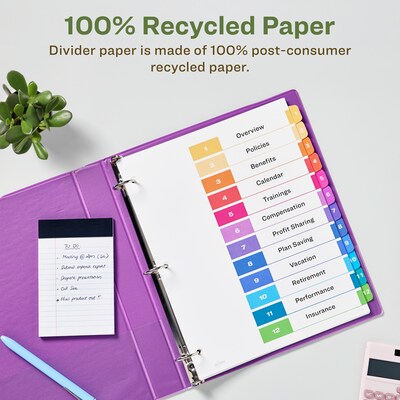 Avery Ready Index Table of Contents EcoFriendly Paper Dividers, 1-12 Tabs, Multicolor, 3 Sets/Pack (11083)