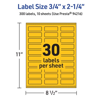 Avery Laser/Inkjet Rectangle Multipurpose Labels, 0.75" x 2.25", Bright Yellow, 300/Pack (94216)