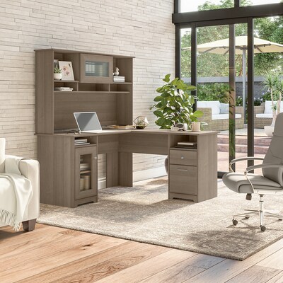 Bush Furniture Cabot 60"W L Shaped Computer Desk with Hutch and Storage, Ash Gray (CAB001AG)