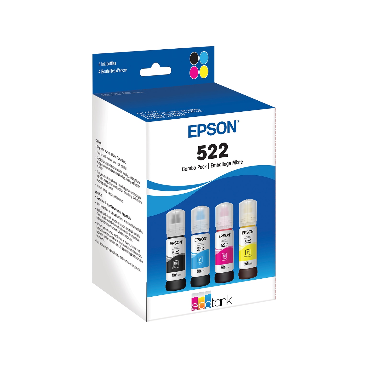 Epson 522 Black/Cyan/Magenta/Yellow Ultra High Yield Ink Cartridge Refill, 4/Pack (T522120-BCS)