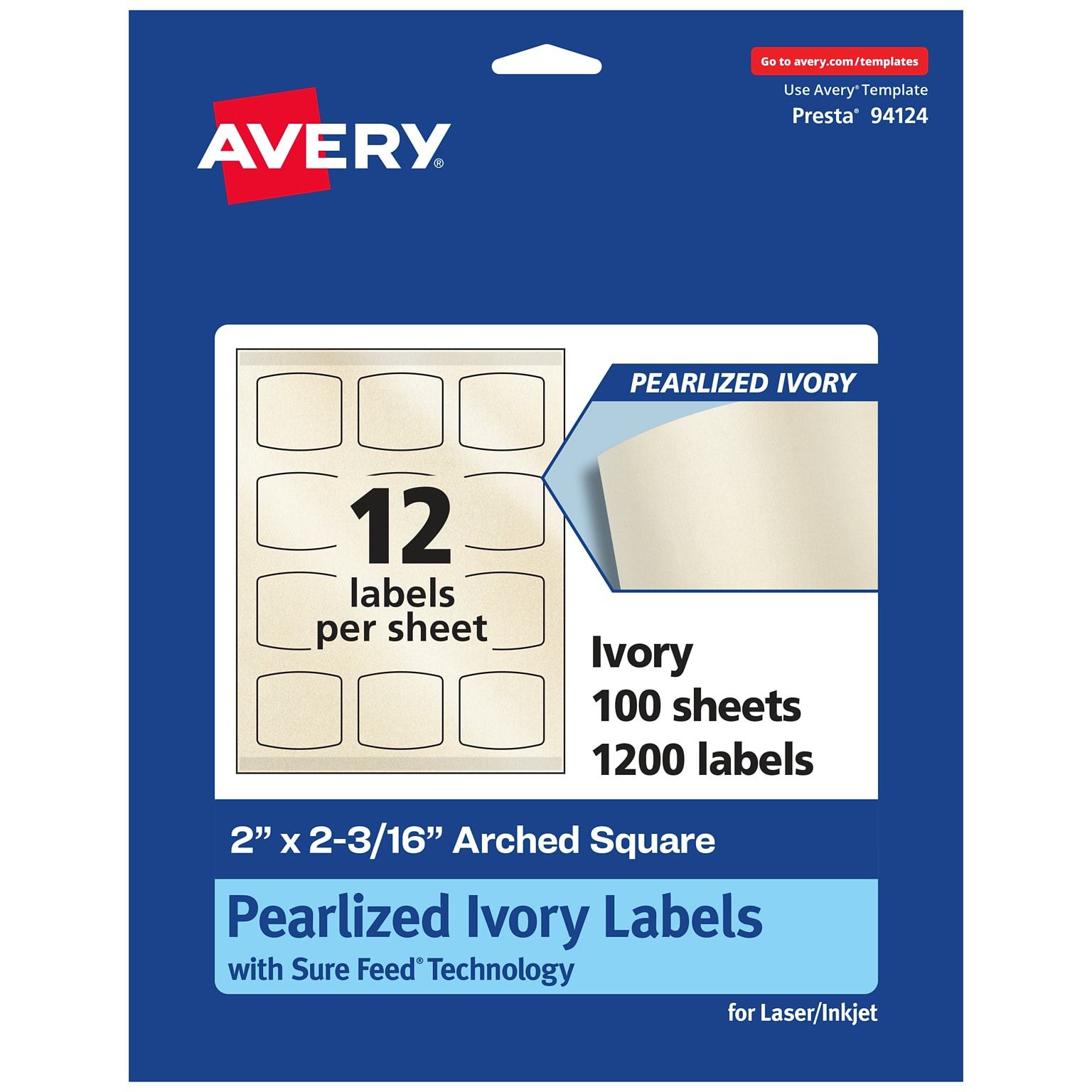 Avery Pearlized Ivory Square Multipurpose Labels, 2 x 2-3/16, Ivory, 1200/Box (94124)