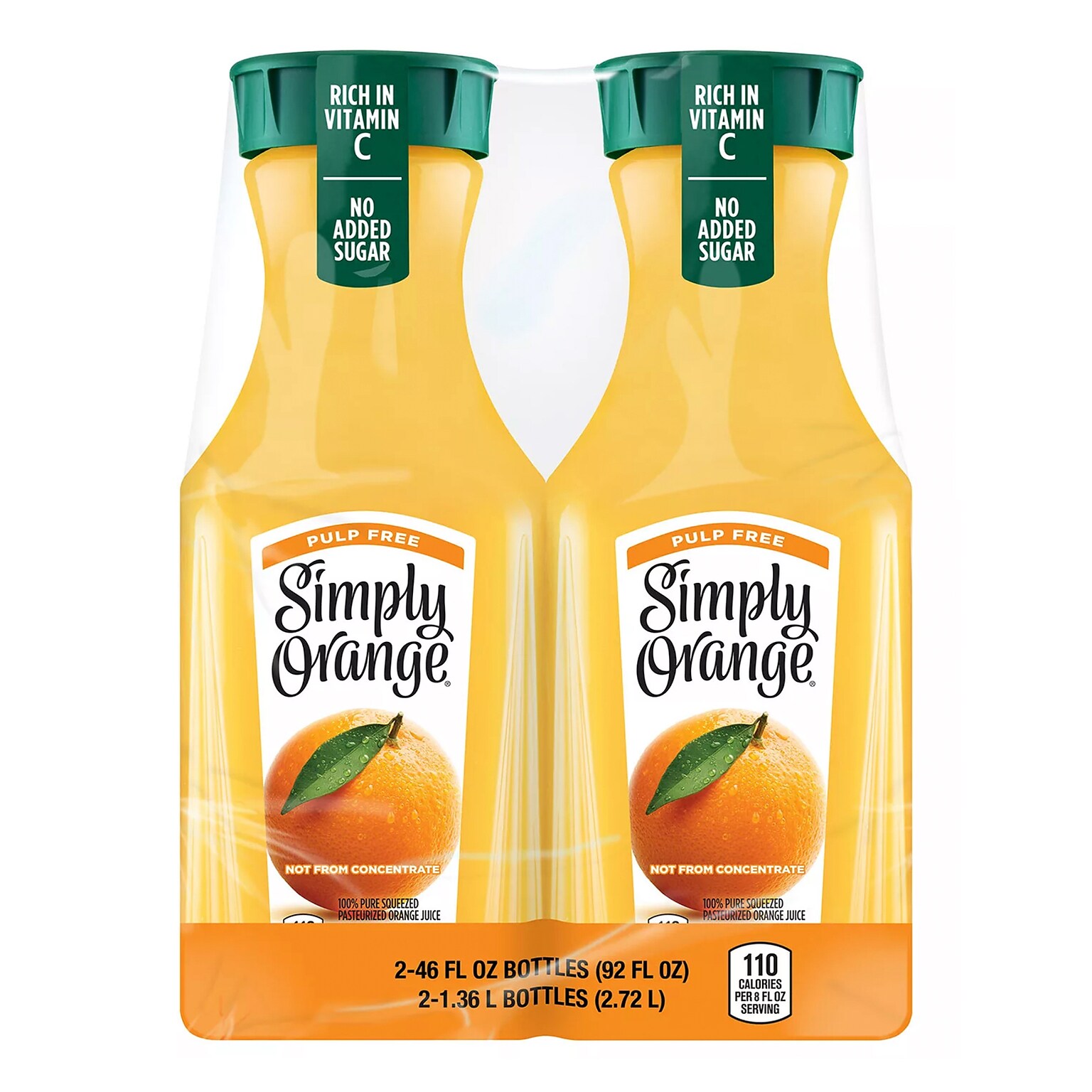 Simply 100% Orange Juice, No Sugar Added, No Pulp, 46 oz., 2/Pack (10014)