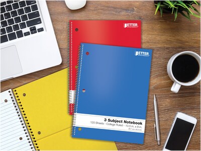 Better Office 3-Subject Notebooks, 8" x 10.5", College Ruled, 120 Sheets, 6/Pack (25736-6PK)