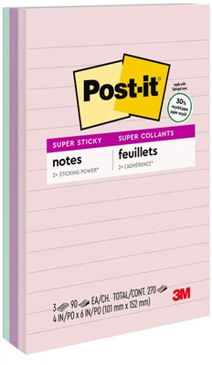 Post-it Recycled Super Sticky Notes, 4" x 6", Wanderlust Pastels Collection, Lined, 90 Sheets/Pad, 3 Pads/Pack (660-3SSNRP)