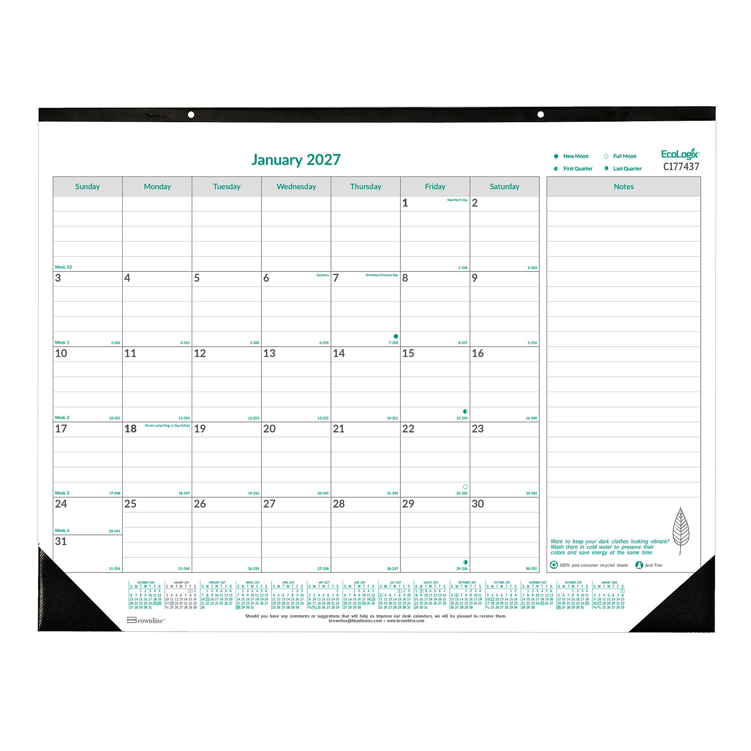 2027 Brownline EcoLogix 22 x 17 Monthly Desk Pad Calendar, White/Green (C177437-27)