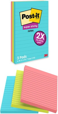 Post-it Super Sticky Notes, 4 x 6, Supernova Neons, Lined, 90 Sheets/Pad, 3 Pads/Pack (660-3SSMIA)