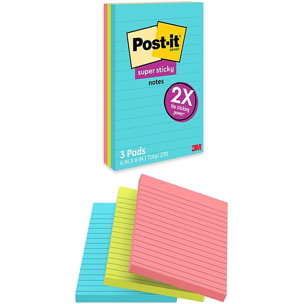 Post-it® Super Sticky Notes, 4 x 6, Supernova Neons, Lined, 90 Sheets/Pad, 3 Pads/Pack (660-3SSMIA)