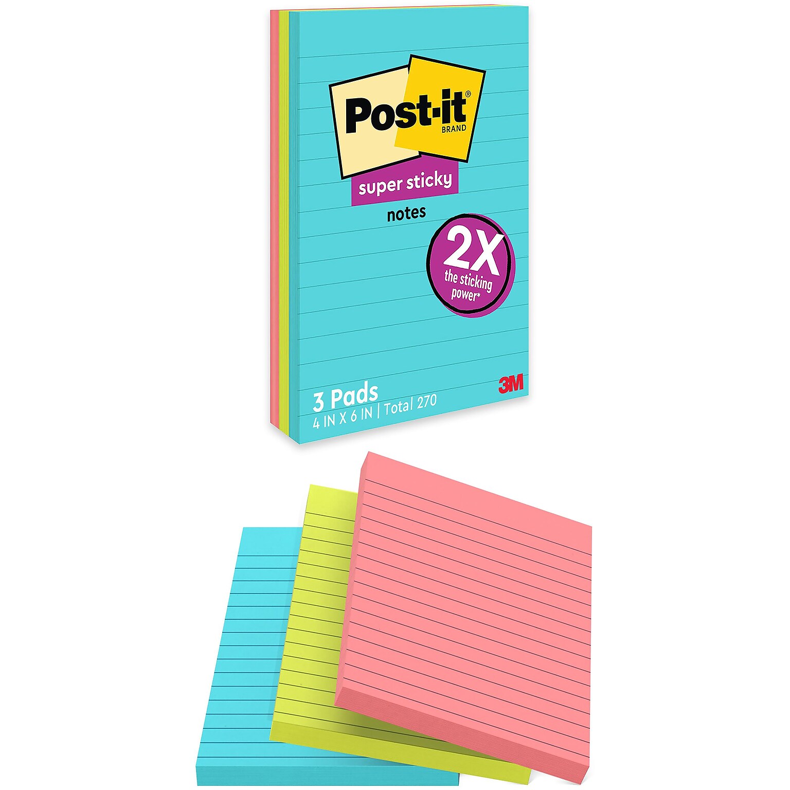 Post-it Super Sticky Notes, 4 x 6, Supernova Neons, Lined, 90 Sheets/Pad, 3 Pads/Pack (660-3SSMIA)
