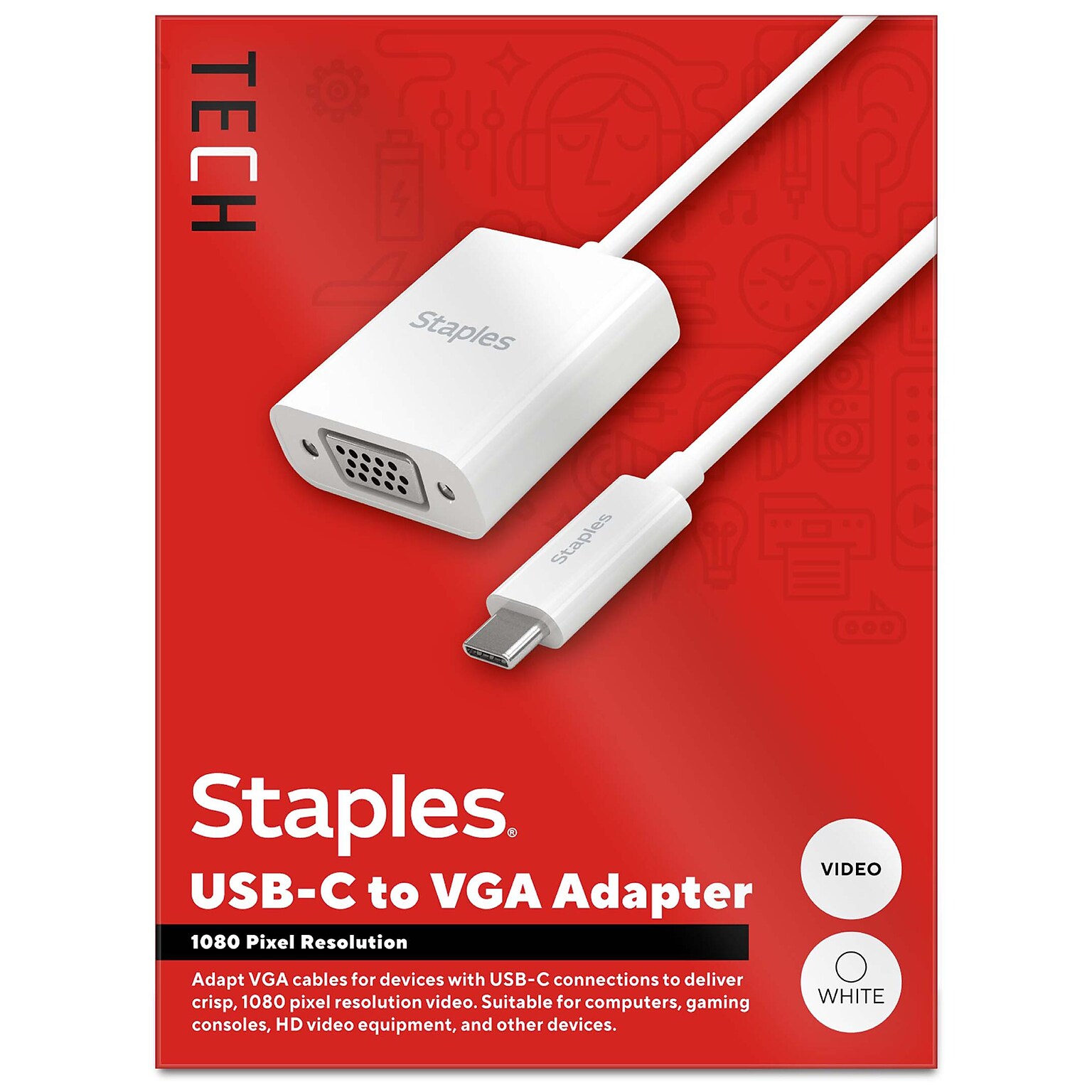 Staples TECH USB-C to VGA Audio/Video Adapter, Male to Female, White (ST62367)