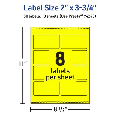 Avery Rectangle Multipurpose Labels, 2" x 3.75", Neon Yellow, 80/Pack (94240)