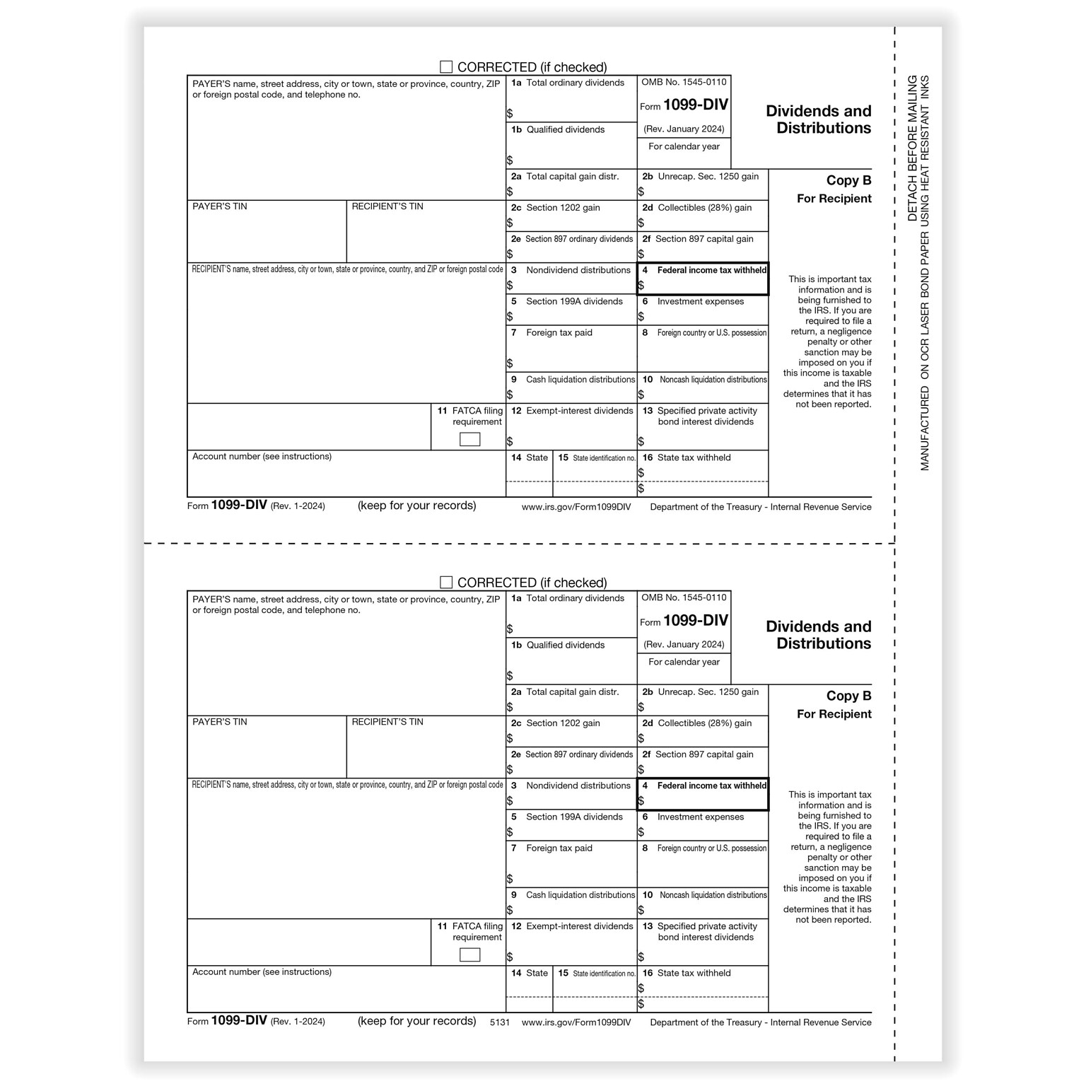 ComplyRight 2025 1099-DIV Tax Form, 1-Part, 2-Up, Recipient Copy B, 50/Pack (513150)