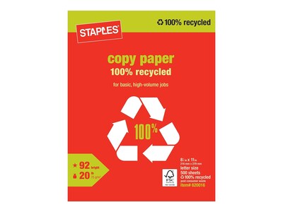Staples 100% Recycled Printer Paper Bright White Copy/Fax/Laser/Inkjet, 500 Sheets