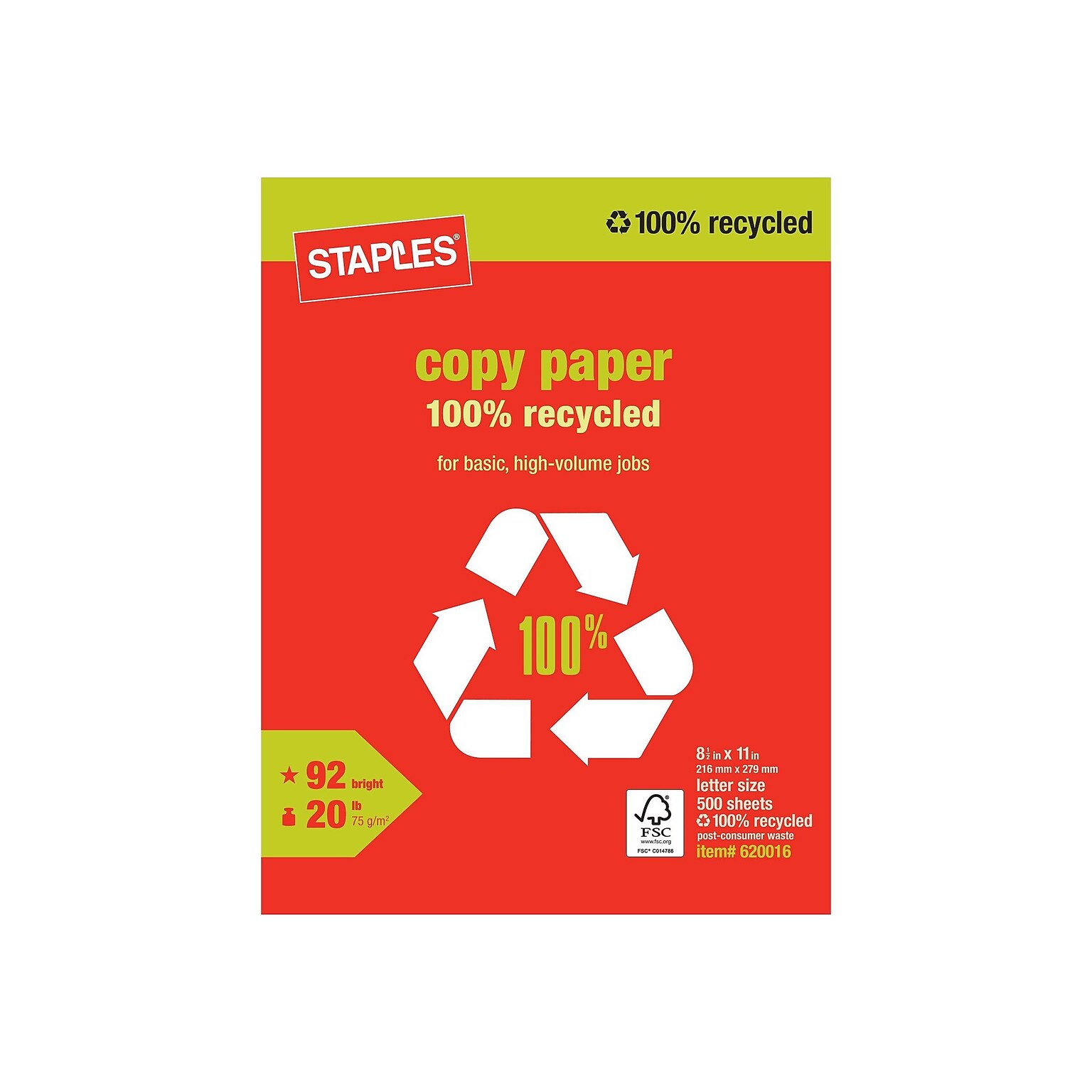 Staples 100% Recycled Printer Paper Bright White Copy/Fax/Laser/Inkjet, 500 Sheets