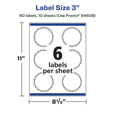 Avery Laser/Inkjet Starburst Waterproof Multipurpose Labels, 3" Dia, White, 60/Pack (94609)