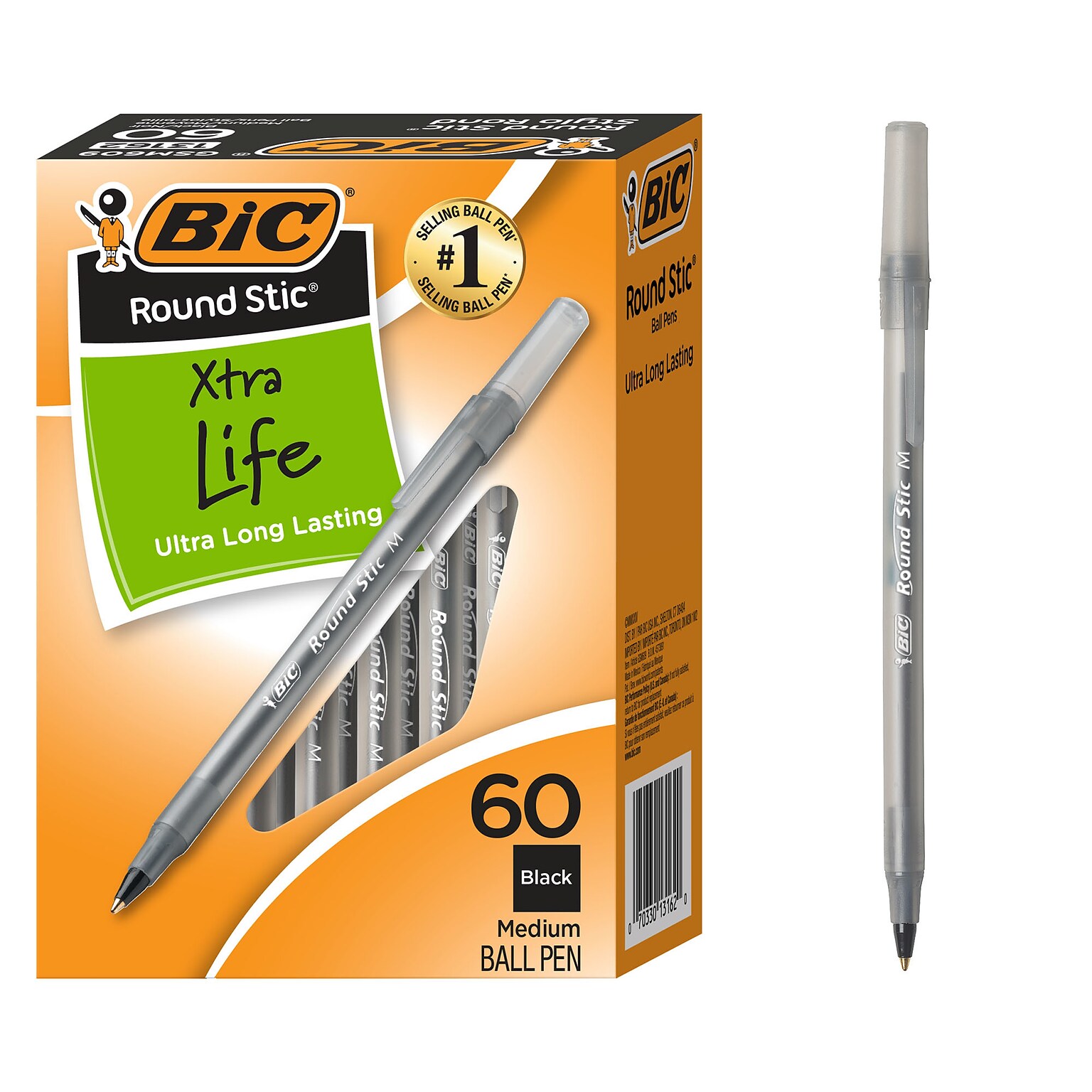 BIC Round Stic Xtra-Life Ballpoint Pen, Medium Point, 1.0mm, Black Ink, 60/Pack (GSM609-BLK)