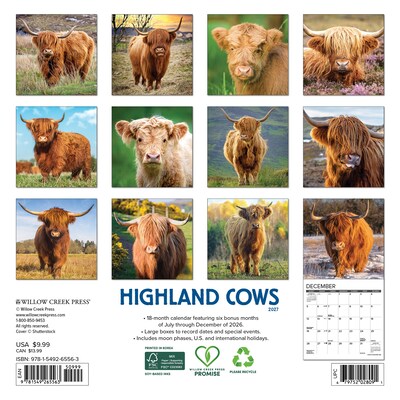 2027 Willow Creek Highland Cows 7 x 7 Monthly Wall Calendar, Assorted Colors (65563)