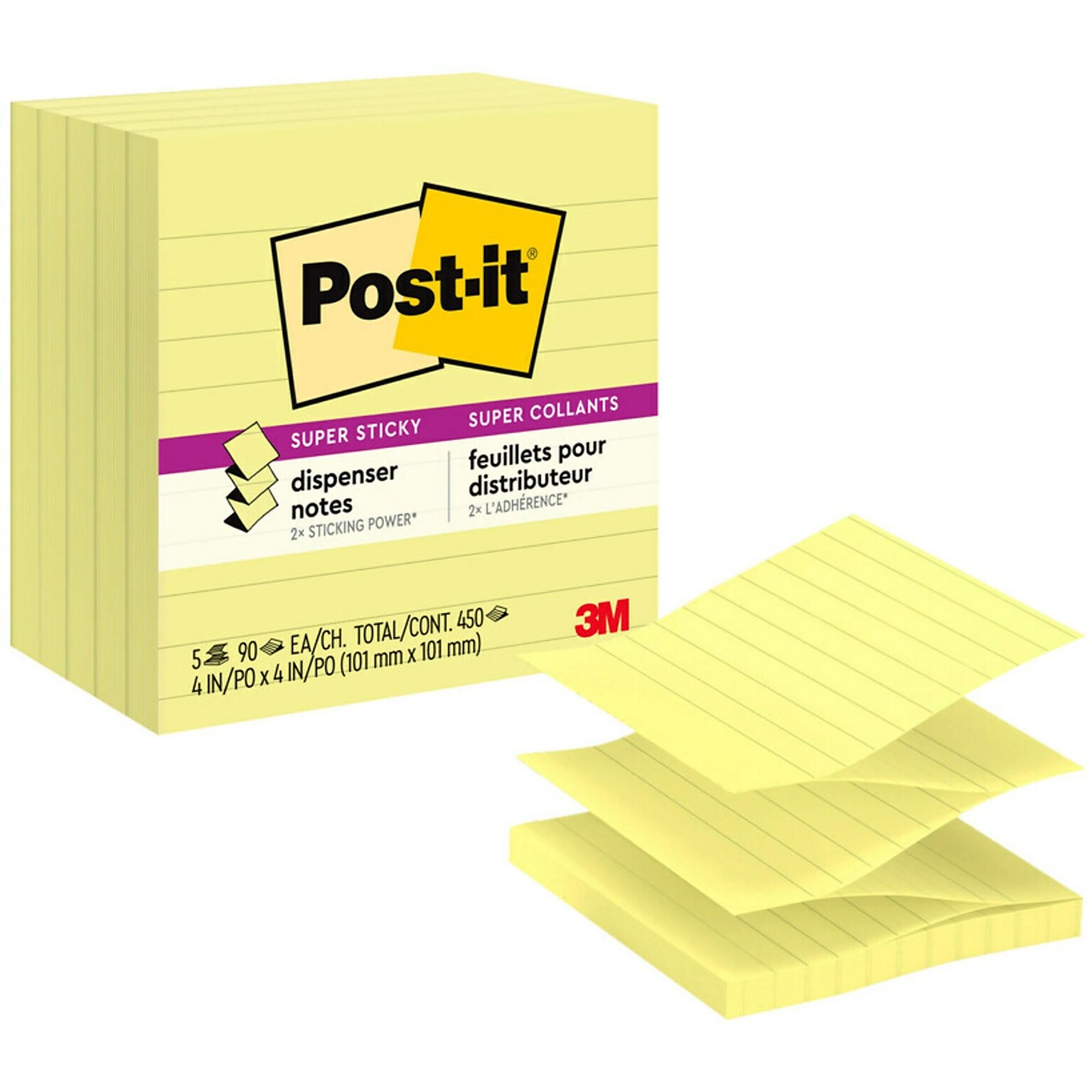 Post-it Pop-up Super Sticky Notes, Canary Yellow, Lined, 4 in x 4 in,  90 Sheets/Pad, 5 Pads/Pack (R440-YWSS)