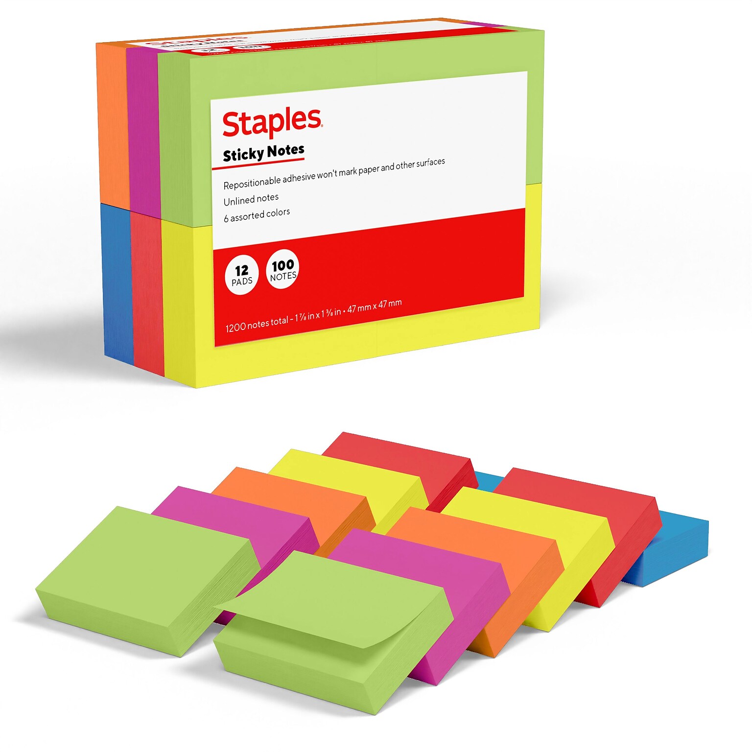 Staples Sticky Notes, 1 7/8 x 1 7/8, Summer Breeze Collection, 100 Sheets/Pad, 12 Pads/Pack (ST62866)